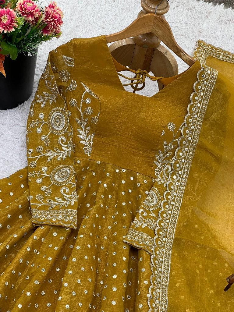 Yellow crunchy silk embroidery sequence work fully stitched & ready to wear