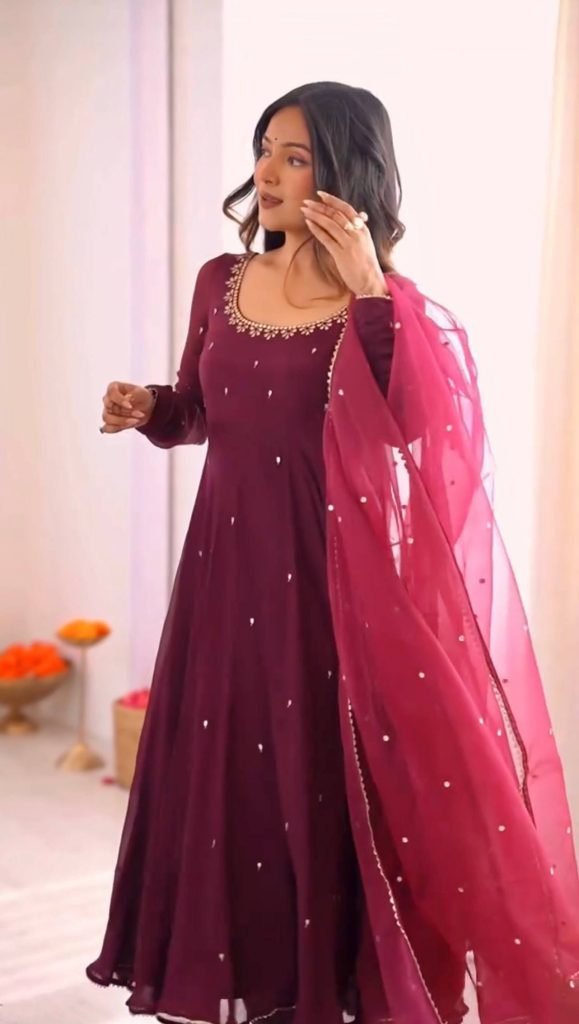 Purple georgette with embroidery sequence work fully stitched & ready to wear