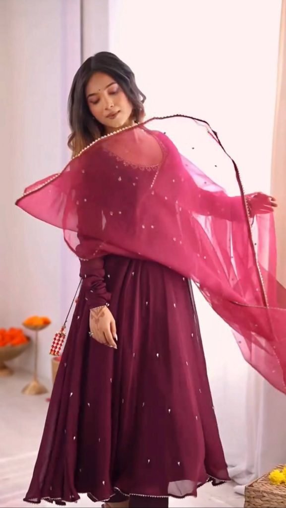 Purple georgette with embroidery sequence work fully stitched & ready to wear