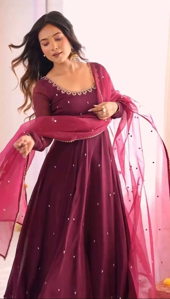 Purple georgette with embroidery sequence work fully stitched & ready to wear