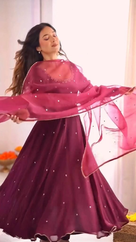 Purple georgette with embroidery sequence work fully stitched & ready to wear