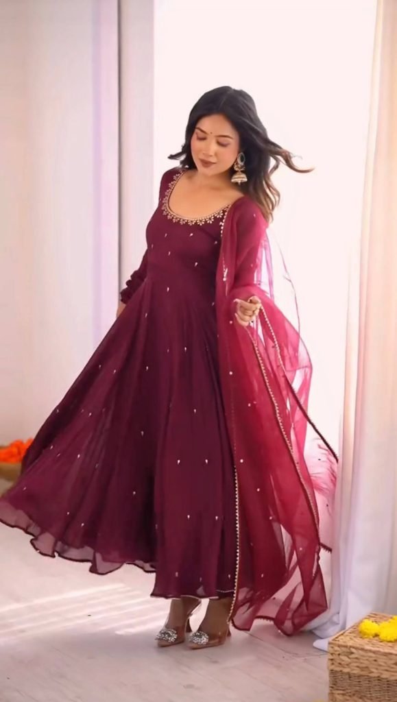 Purple georgette with embroidery sequence work fully stitched & ready to wear