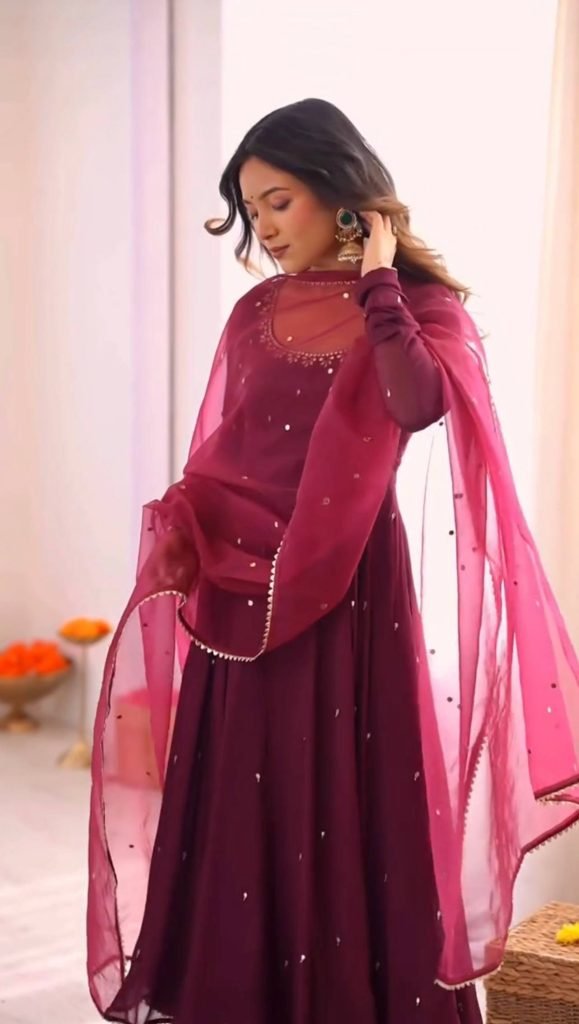 Purple georgette with embroidery sequence work fully stitched & ready to wear
