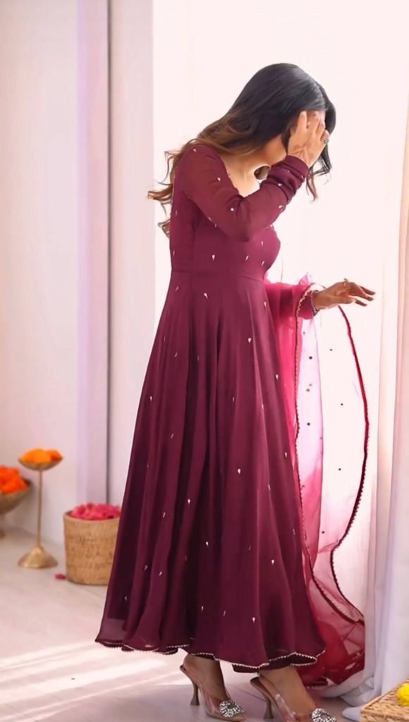 Purple georgette with embroidery sequence work fully stitched & ready to wear