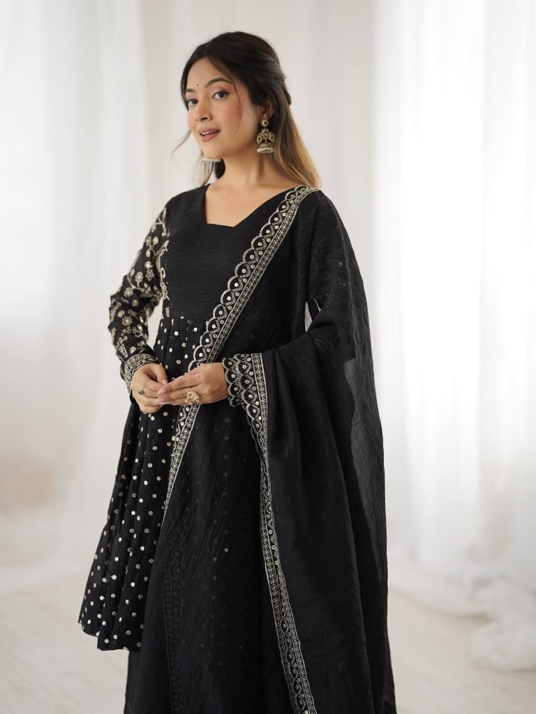 Black crunchy silk embroidery sequence work fully stitched & ready to wear