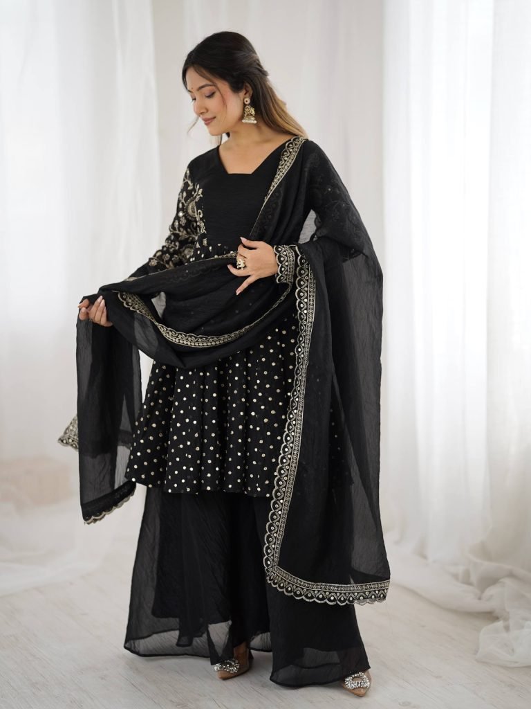 Black crunchy silk embroidery sequence work fully stitched & ready to wear