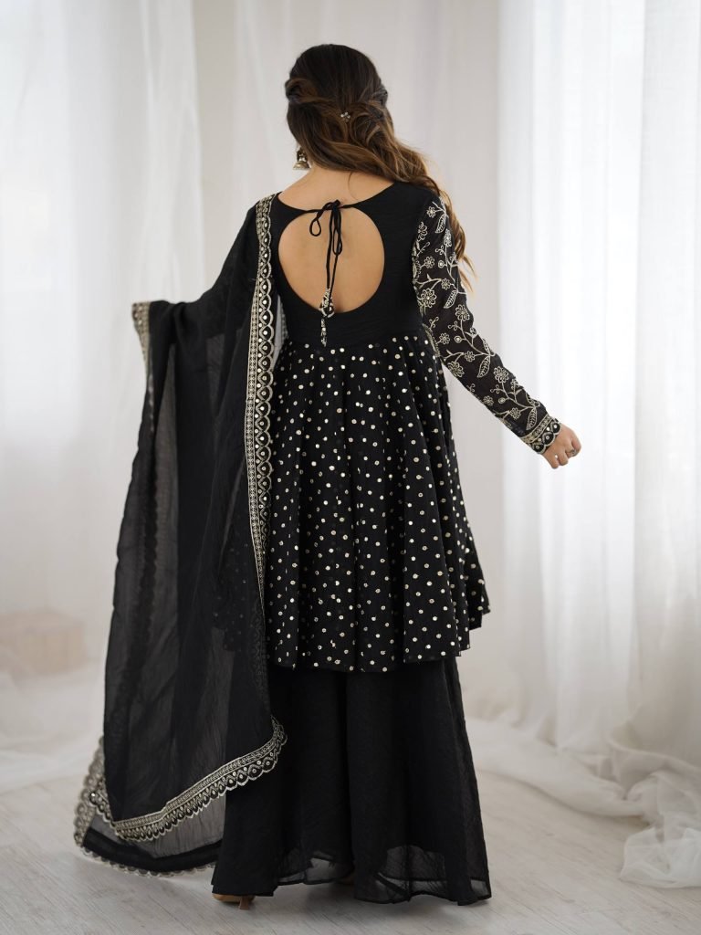 Black crunchy silk embroidery sequence work fully stitched & ready to wear