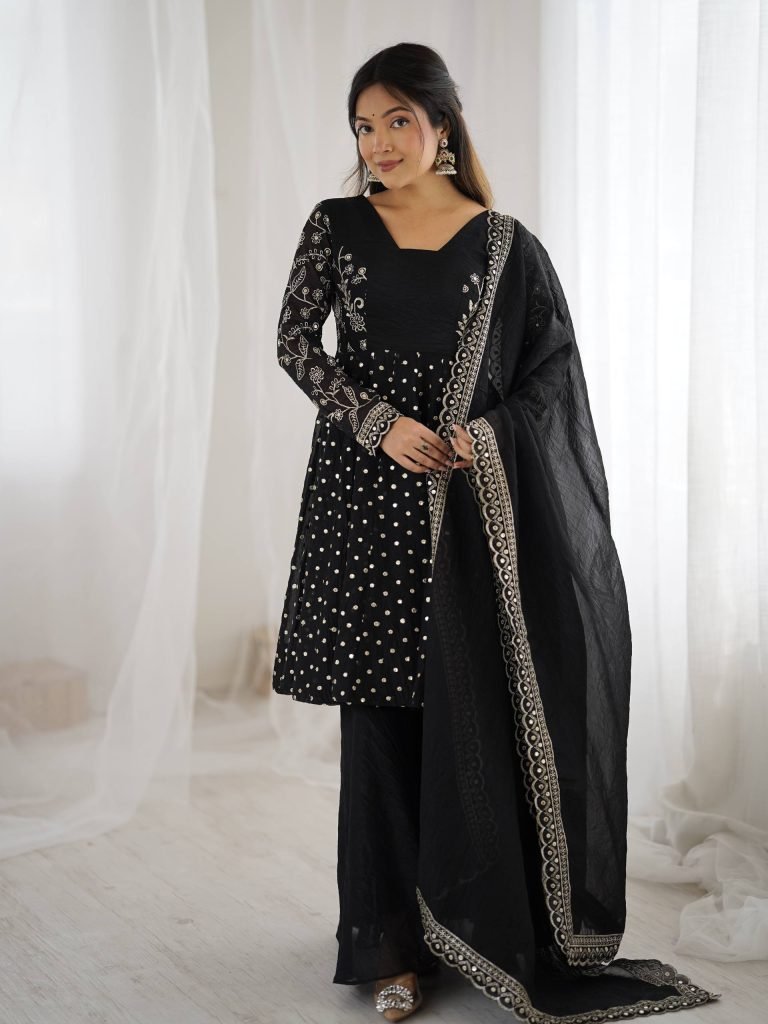 Black crunchy silk embroidery sequence work fully stitched & ready to wear