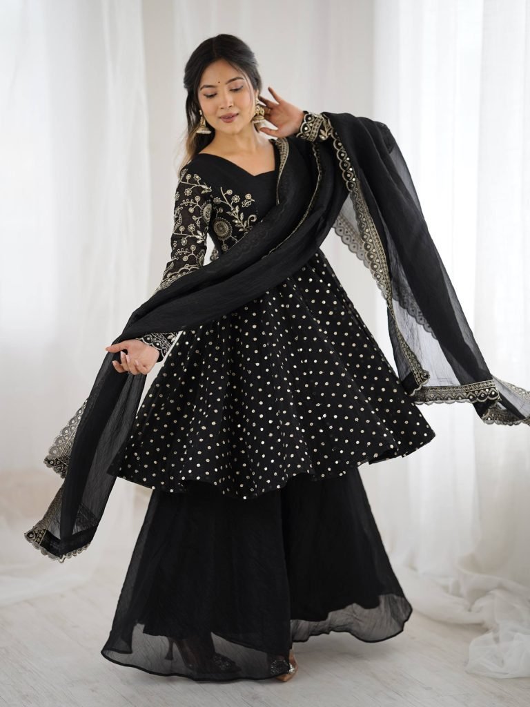 Black crunchy silk embroidery sequence work fully stitched & ready to wear