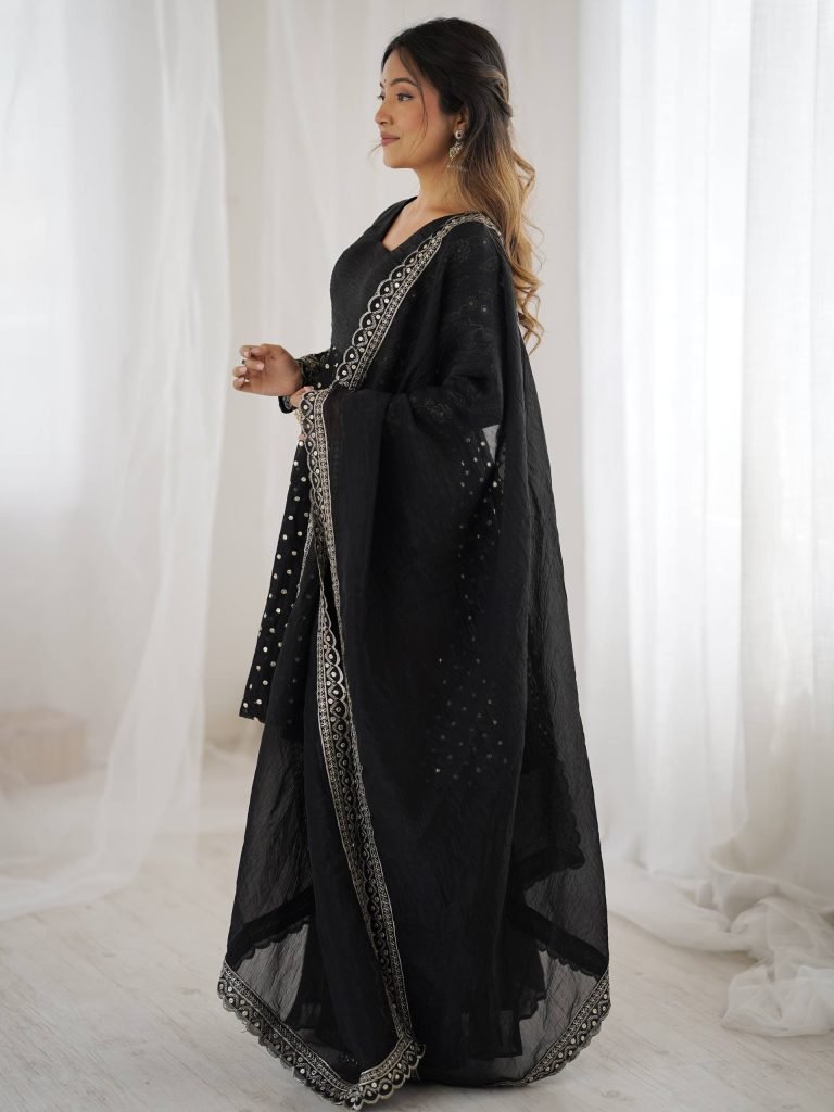 Black crunchy silk embroidery sequence work fully stitched & ready to wear