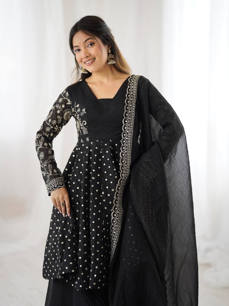Black crunchy silk embroidery sequence work fully stitched & ready to wear