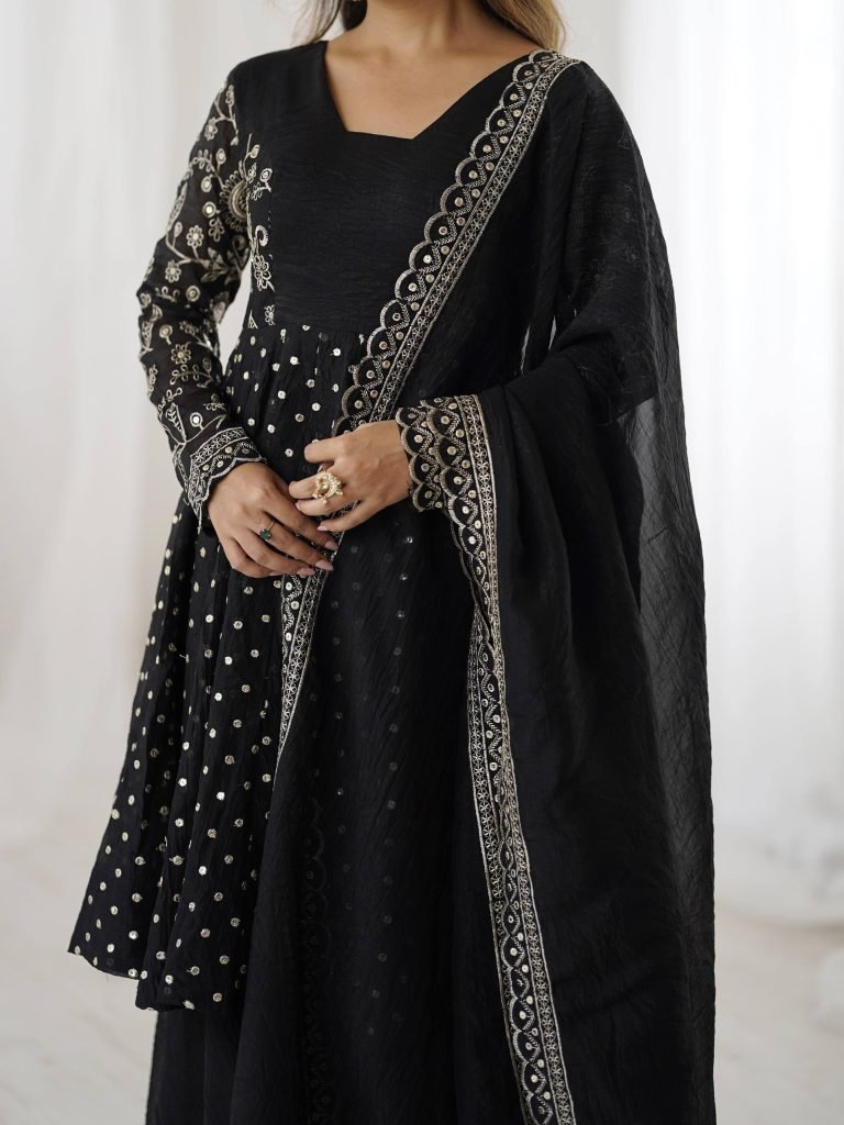 Black crunchy silk embroidery sequence work fully stitched & ready to wear
