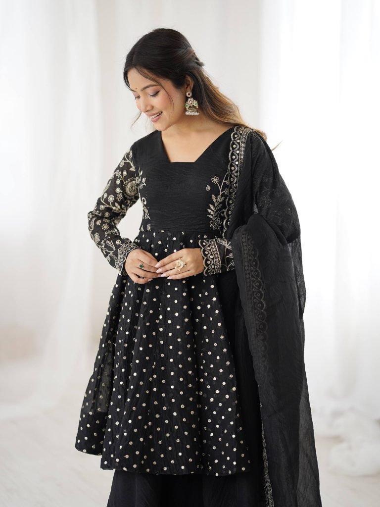Black crunchy silk embroidery sequence work fully stitched & ready to wear