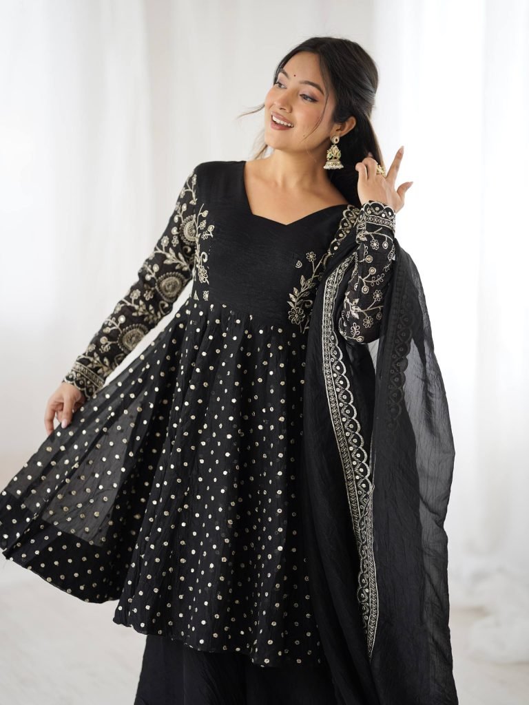 Black crunchy silk embroidery sequence work fully stitched & ready to wear