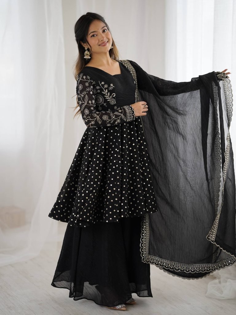 Black crunchy silk embroidery sequence work fully stitched & ready to wear