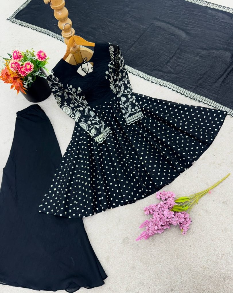 Black crunchy silk embroidery sequence work fully stitched & ready to wear