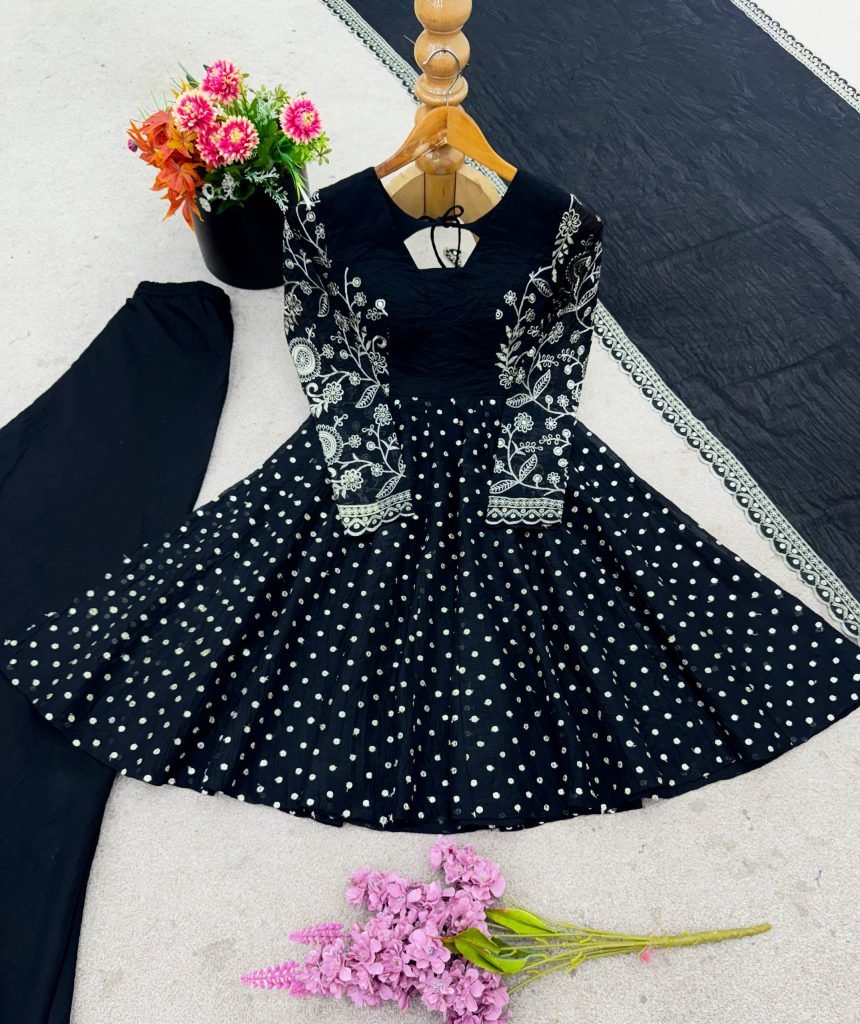 Black crunchy silk embroidery sequence work fully stitched & ready to wear
