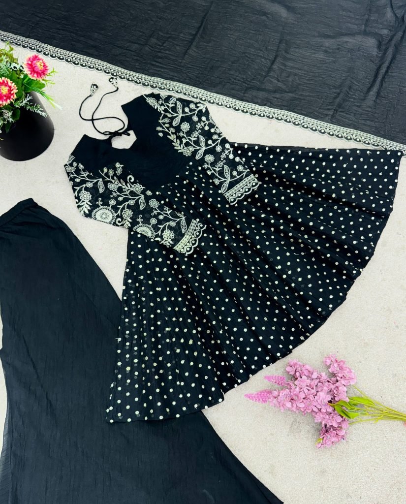 Black crunchy silk embroidery sequence work fully stitched & ready to wear
