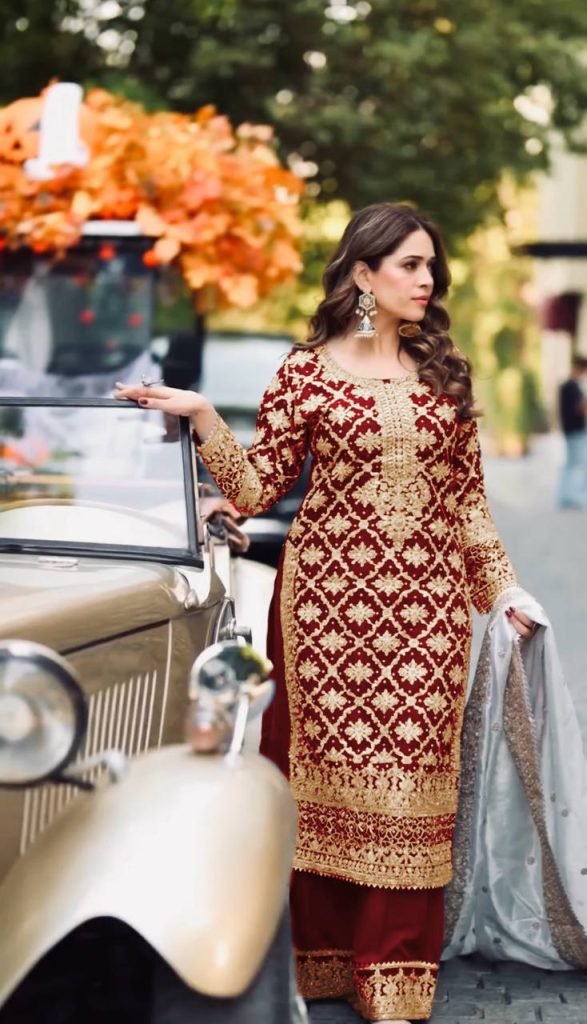 Red georgette with chain stitch embroidery sequence top-palazzo and dupatta