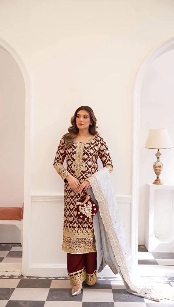 Red georgette with chain stitch embroidery sequence top-palazzo and dupatta