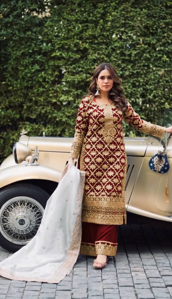 Red georgette with chain stitch embroidery sequence top-palazzo and dupatta