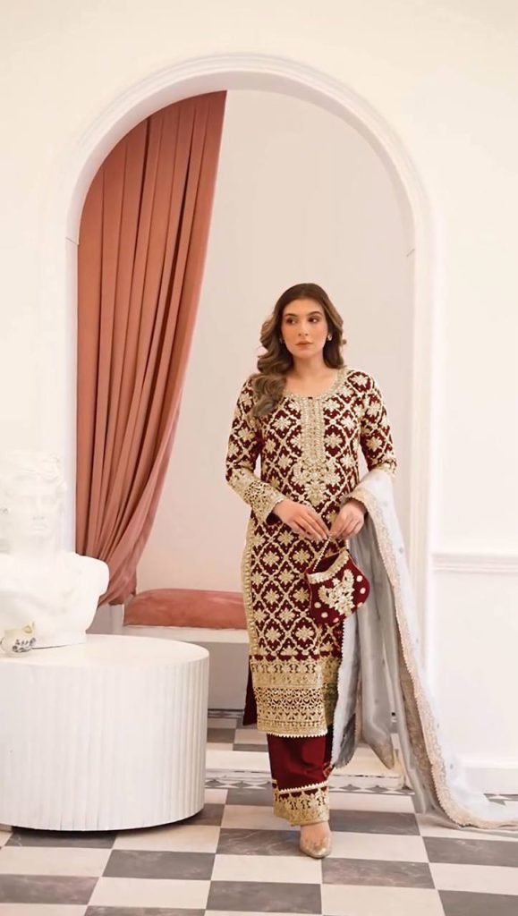 Red georgette with chain stitch embroidery sequence top-palazzo and dupatta