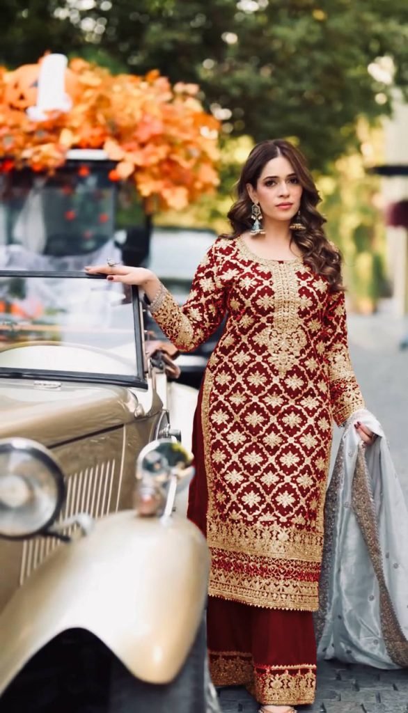 Red georgette with chain stitch embroidery sequence top-palazzo and dupatta