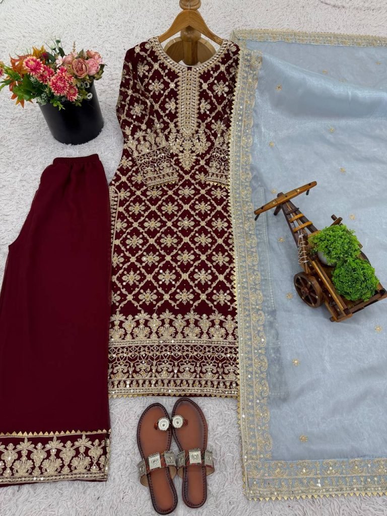 Red georgette with chain stitch embroidery sequence top-palazzo and dupatta