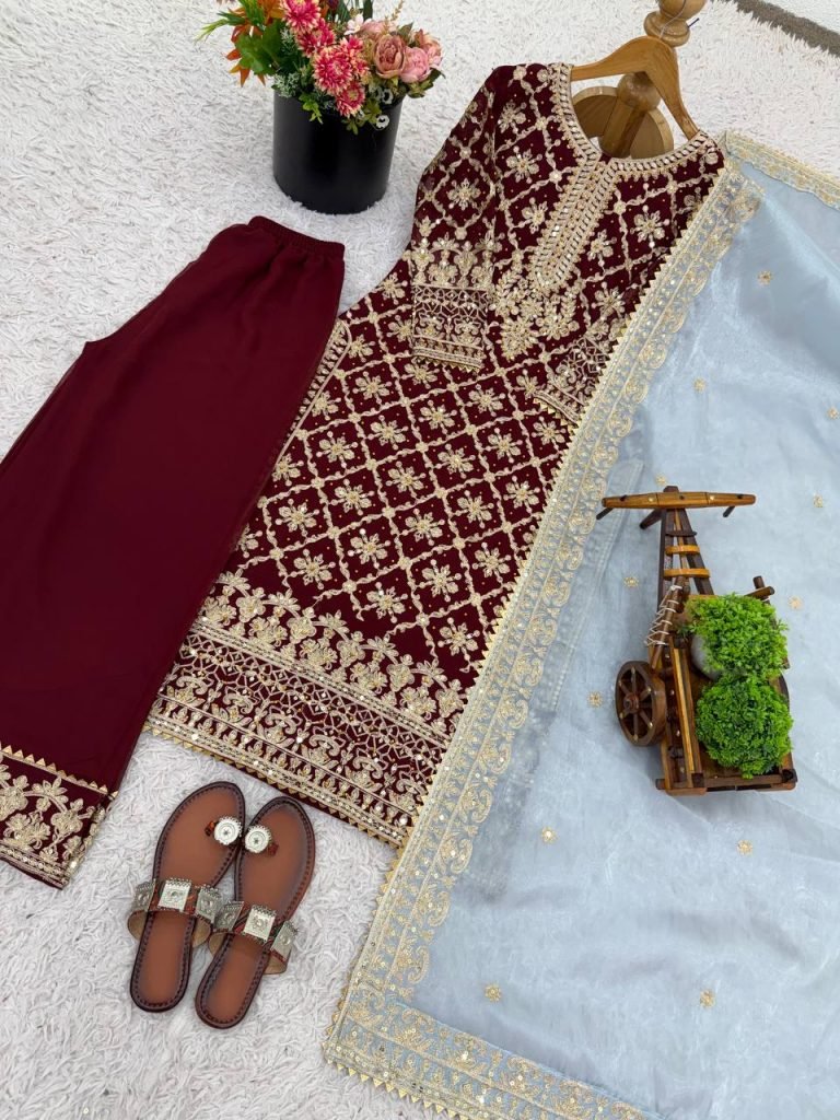 Red georgette with chain stitch embroidery sequence top-palazzo and dupatta