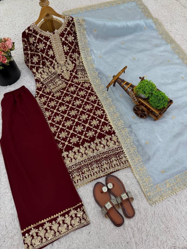 Red georgette with chain stitch embroidery sequence top-palazzo and dupatta