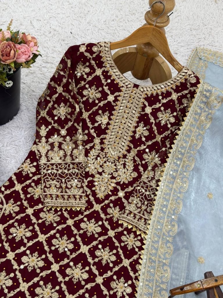 Red georgette with chain stitch embroidery sequence top-palazzo and dupatta