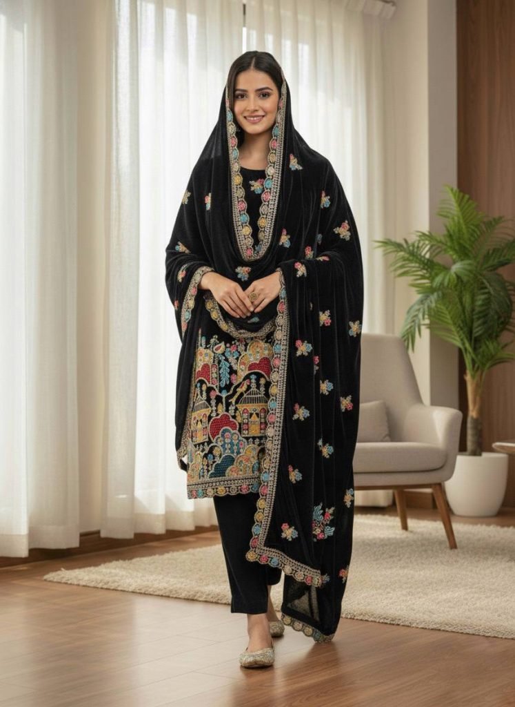 Black heavy viscose velvet with heavy embroidery party wear look top-dupatta and fully stitched Bottom