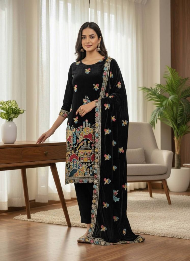 Black heavy viscose velvet with heavy embroidery party wear look top-dupatta and fully stitched Bottom