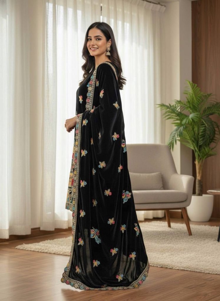 Black heavy viscose velvet with heavy embroidery party wear look top-dupatta and fully stitched Bottom