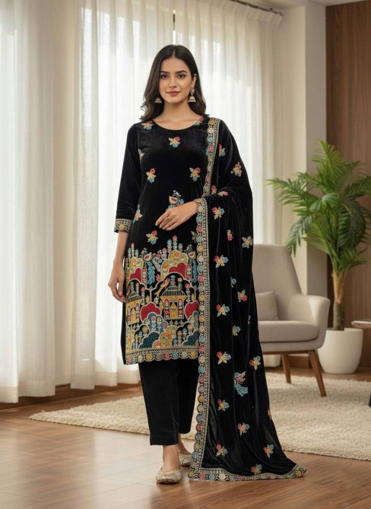 Black heavy viscose velvet with heavy embroidery party wear look top-dupatta and fully stitched Bottom