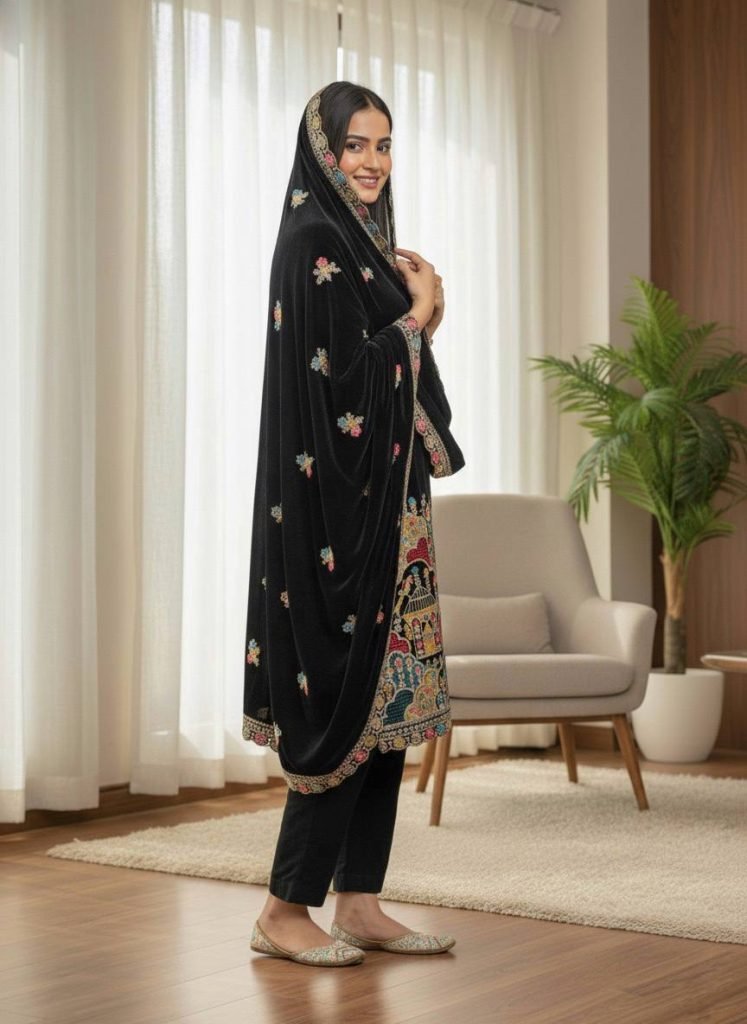 Black heavy viscose velvet with heavy embroidery party wear look top-dupatta and fully stitched Bottom