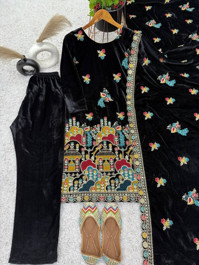 Black heavy viscose velvet with heavy embroidery party wear look top-dupatta and fully stitched Bottom