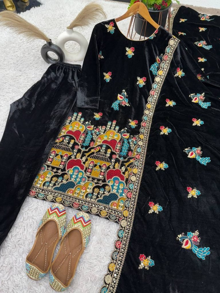 Black heavy viscose velvet with heavy embroidery party wear look top-dupatta and fully stitched Bottom