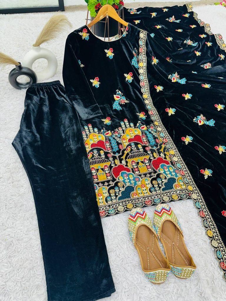 Black heavy viscose velvet with heavy embroidery party wear look top-dupatta and fully stitched Bottom