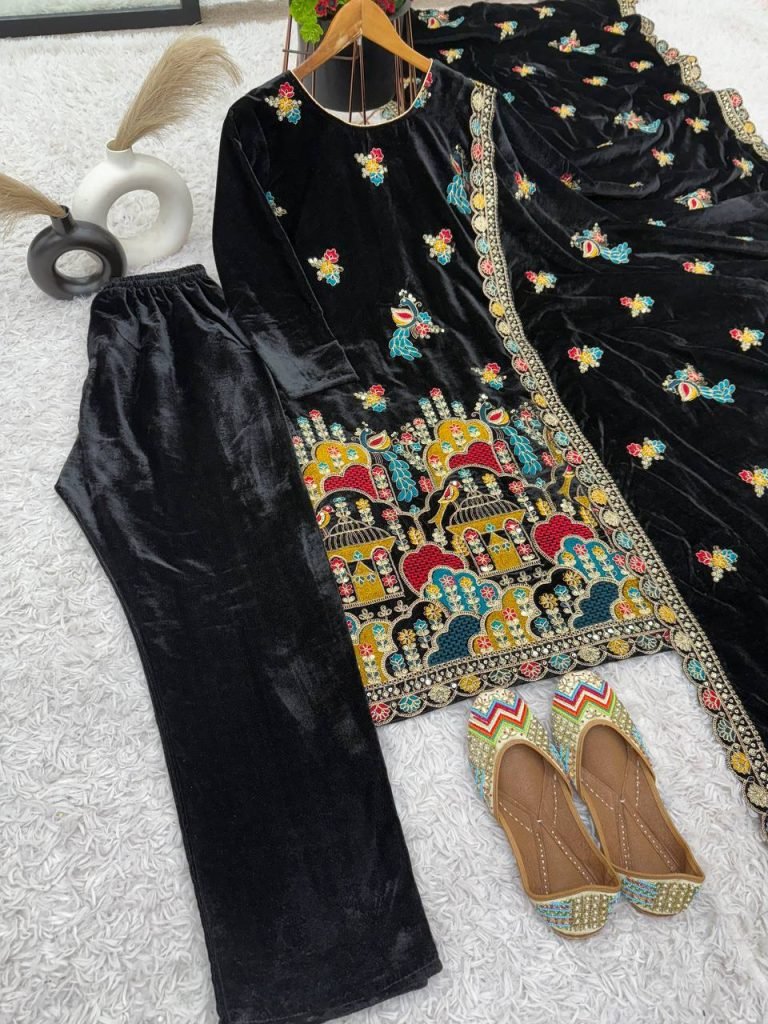 Black heavy viscose velvet with heavy embroidery party wear look top-dupatta and fully stitched Bottom