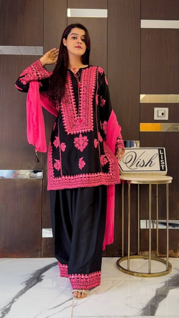 Black pure natural crep silk with embroidery chain stitch work
