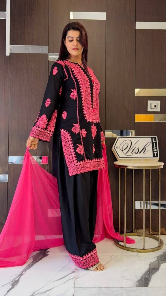 Black pure natural crep silk with embroidery chain stitch work