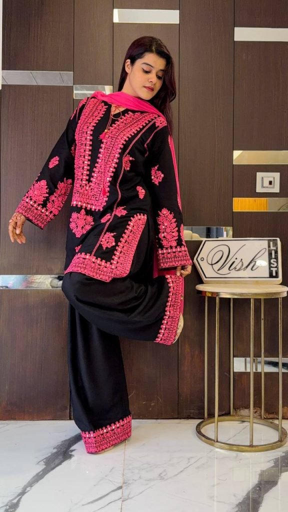 Black pure natural crep silk with embroidery chain stitch work