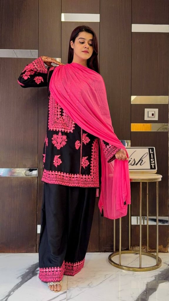 Black pure natural crep silk with embroidery chain stitch work