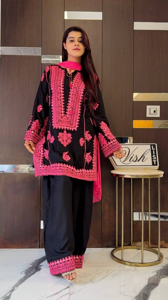 Black pure natural crep silk with embroidery chain stitch work