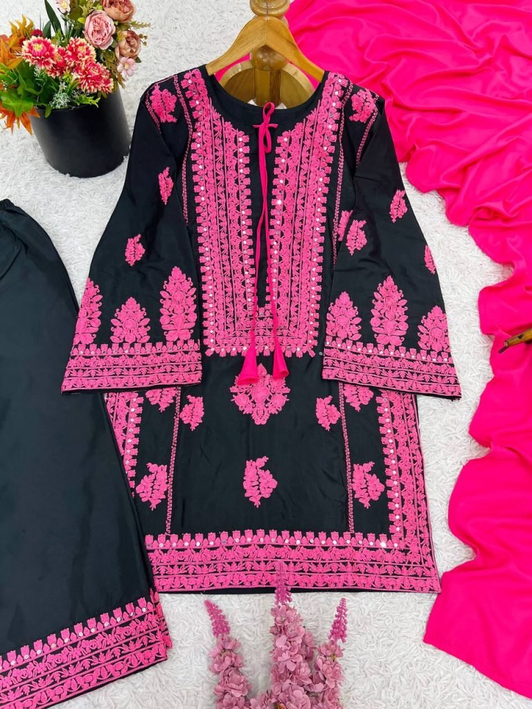 Black pure natural crep silk with embroidery chain stitch work
