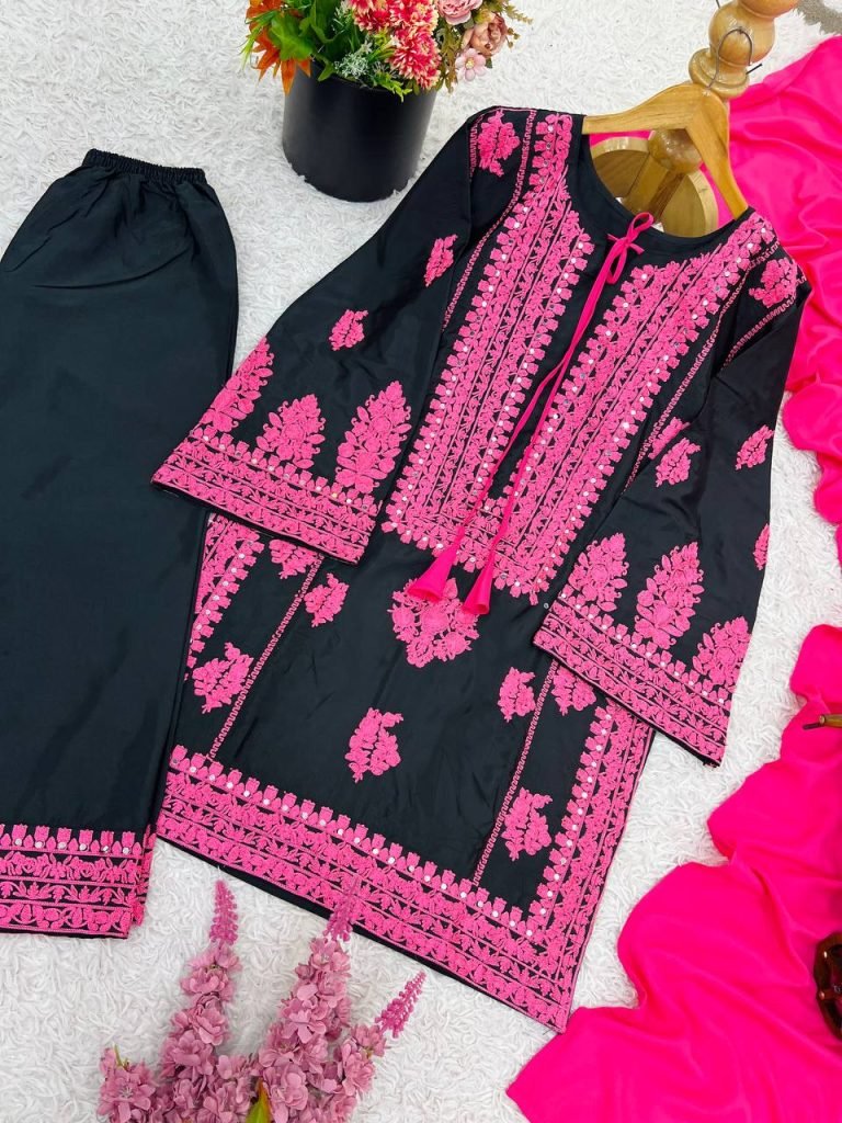 Black pure natural crep silk with embroidery chain stitch work