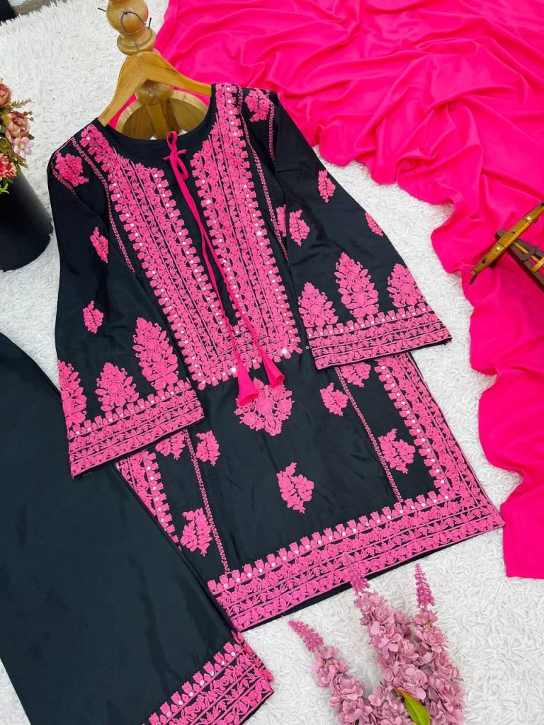 Black pure natural crep silk with embroidery chain stitch work