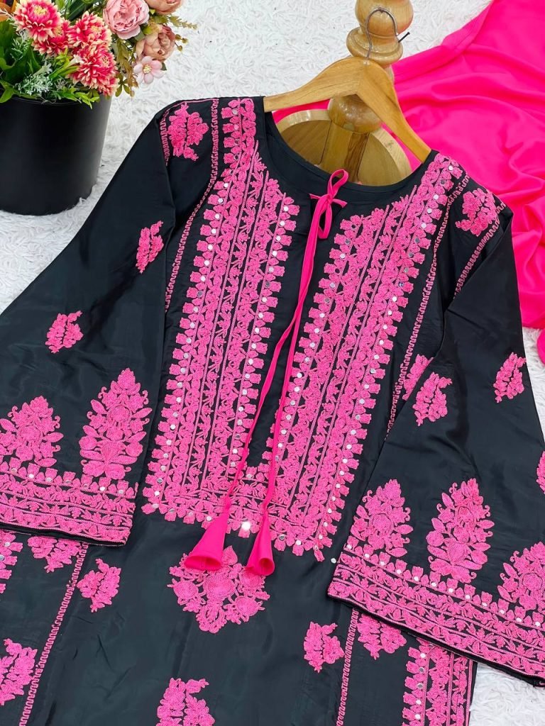 Black pure natural crep silk with embroidery chain stitch work