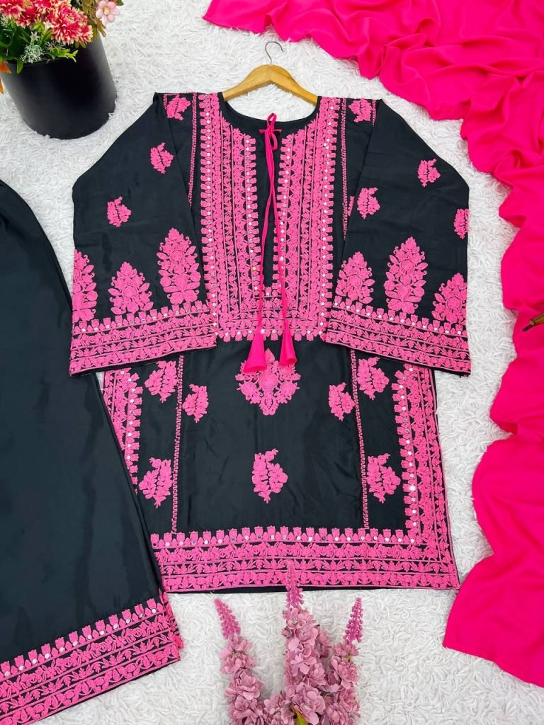 Black pure natural crep silk with embroidery chain stitch work
